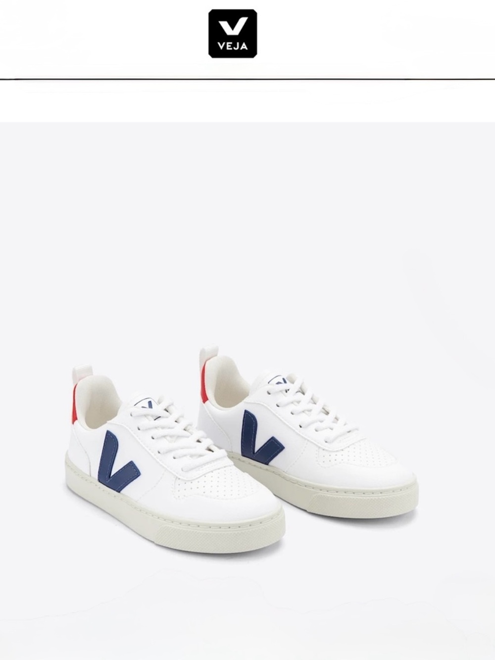 Veja Kids V-10 Sneakers in White with Cobalt V and Red Heel Tab size 13.5 gently